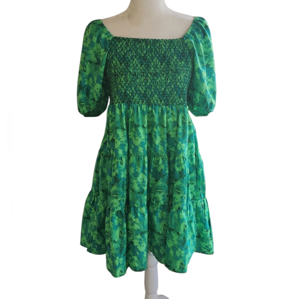 Easel Green Floral Silky On Off Shoulder Smocked Dress. Size L